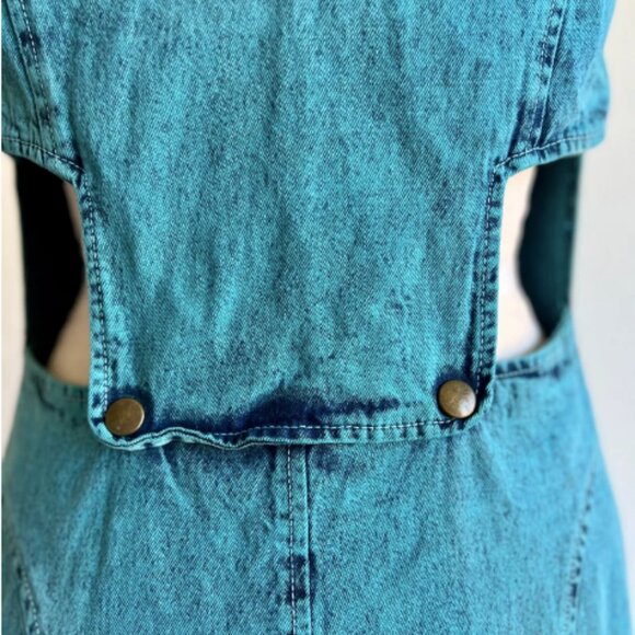 Vintage 80s Blue Turquoise Acid Wash Cutout Denim Dress - Picture 4 of 4